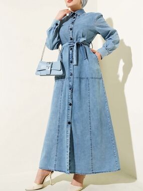 Modest Dress- Belted Denim Shirt Dress – Button-Front Maxi